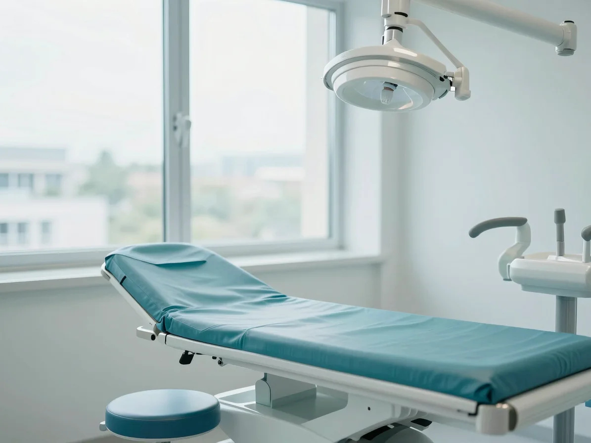 Modern diş kliniği iç mekanında doğal ışık alan bir gülüş tasarım odası, beyaz ve turkuaz tonlarında, geniş açılı